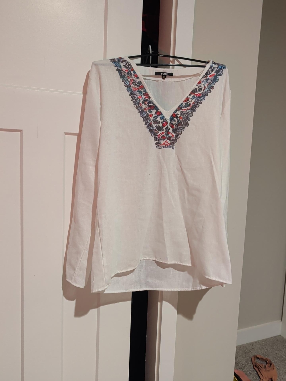 White Embroidered V-Neck Womenβs Top